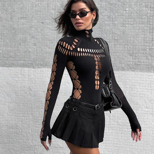 Hollow Out High Collar Bodysuit