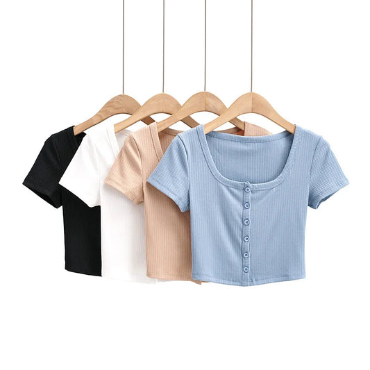 Women Rib Button Through Short Sleeve Top